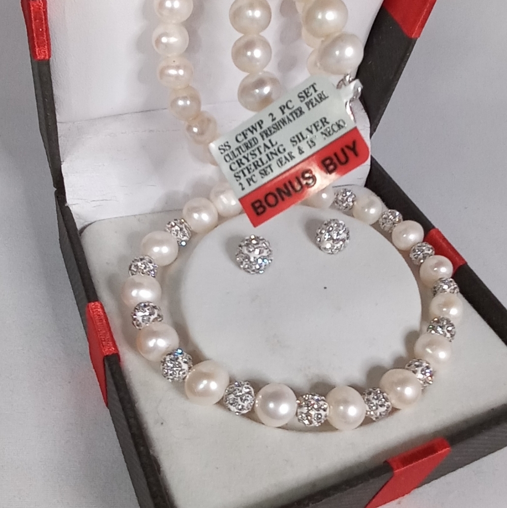 New Pearl and Crystal Sterling Silver Jewelry Set